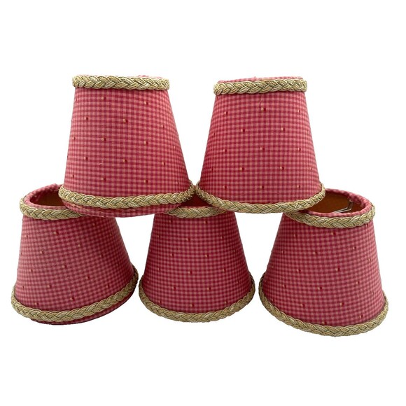 5 Vtg Pink Red Gingham Micro Check Chandelier Lamp Shades 4.5" Clip On Handmade - Picture 1 of 12